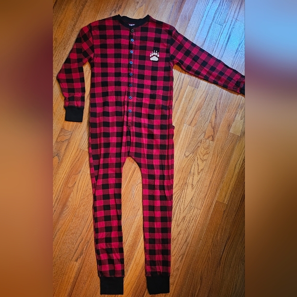 Lazy One pajamas size M flapjack butt flap Bear Cheeks red buffalo print - Picture 2 of 11